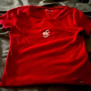 Hollister red shirt with Chinese dragon.